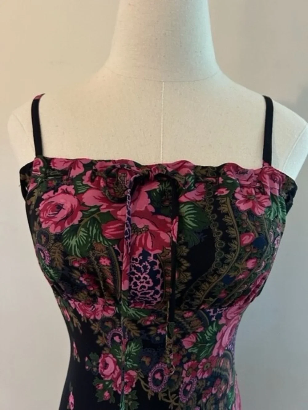 Vintage Betsy Johnson Small Floral Black Maxi Dress with Pink Rose Print - Picture 3 of 4